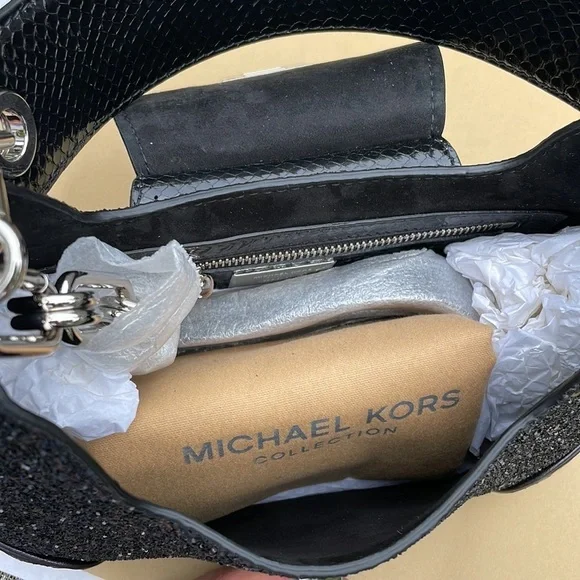 Michael Kors Collection Bancroft Medium Glitter and Snakeskin Shoulder Bag - Picture 10 of 15